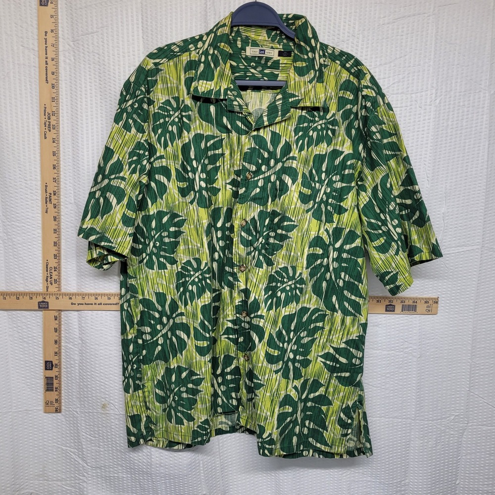 Lee Mens XL Green Monstera Leaf Tropical Print Short Sleeve Button Down Shirt